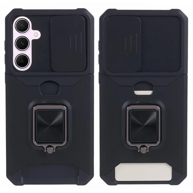 For Samsung Galaxy A55 5G Case PC+TPU Card Holder Phone Kickstand Cover with Slide Lens Lid