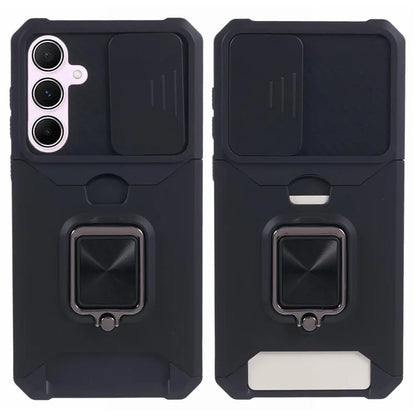 For Samsung Galaxy A55 5G Case PC+TPU Card Holder Phone Kickstand Cover with Slide Lens Lid