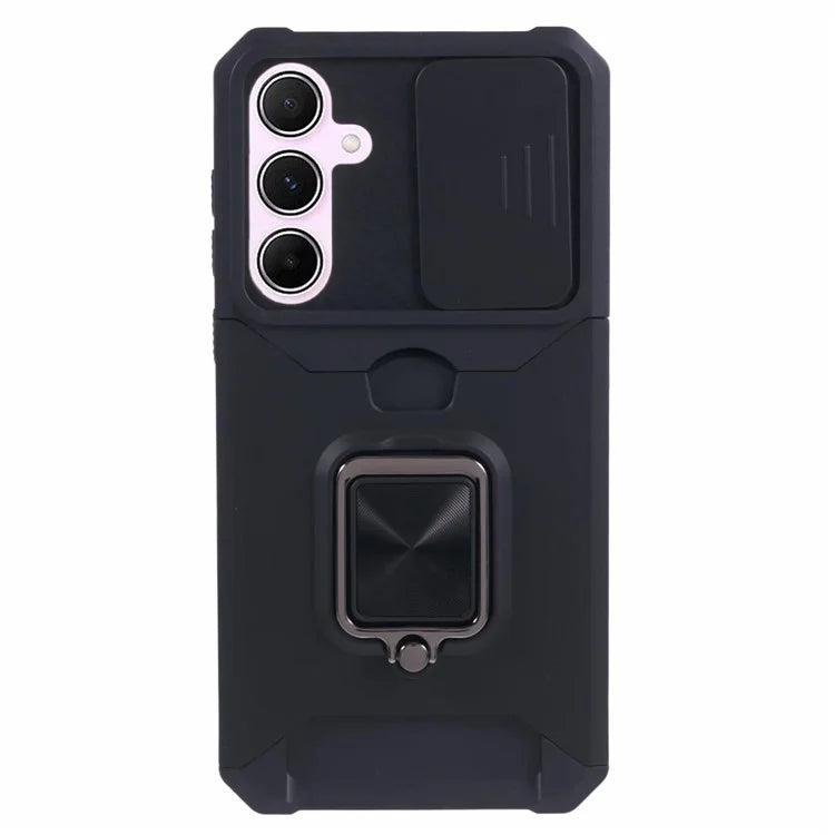 For Samsung Galaxy A55 5G Case PC+TPU Card Holder Phone Kickstand Cover with Slide Lens Lid