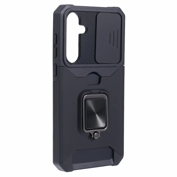 For Samsung Galaxy A55 5G Case PC+TPU Card Holder Phone Kickstand Cover with Slide Lens Lid