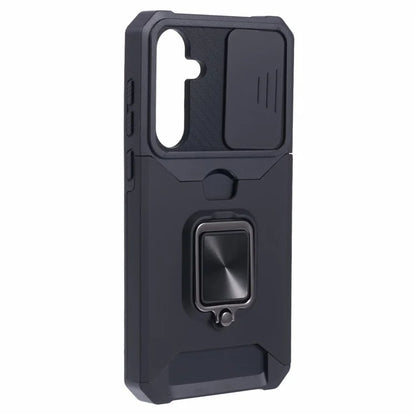 For Samsung Galaxy A55 5G Case PC+TPU Card Holder Phone Kickstand Cover with Slide Lens Lid