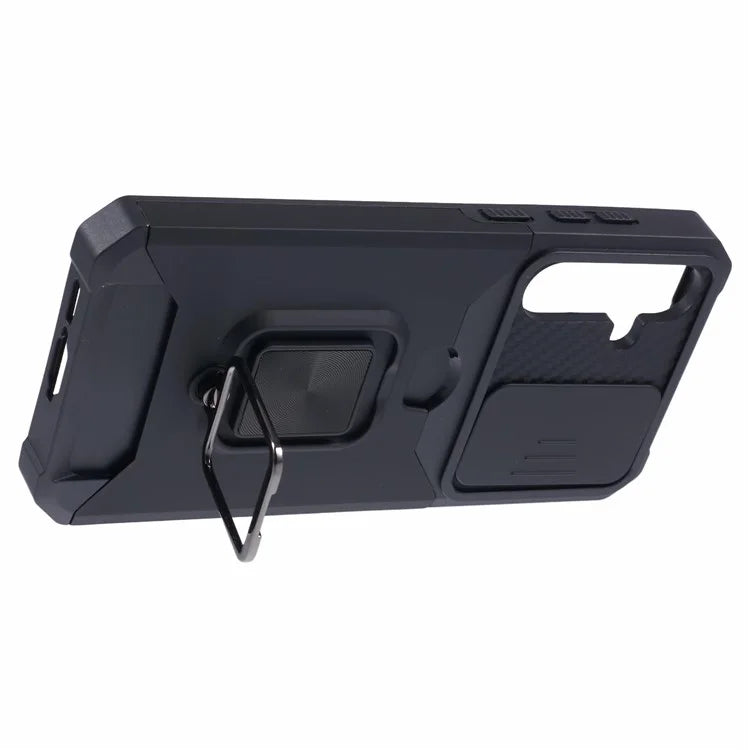 For Samsung Galaxy A55 5G Case PC+TPU Card Holder Phone Kickstand Cover with Slide Lens Lid