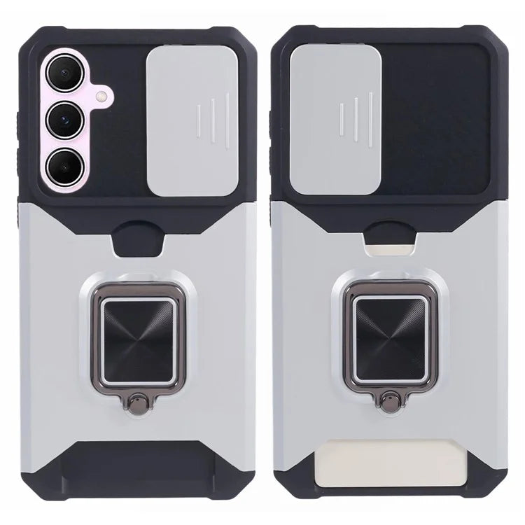 For Samsung Galaxy A55 5G Case PC+TPU Card Holder Phone Kickstand Cover with Slide Lens Lid