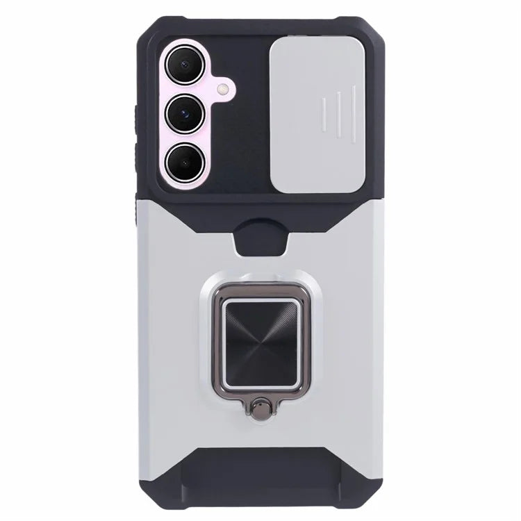 For Samsung Galaxy A55 5G Case PC+TPU Card Holder Phone Kickstand Cover with Slide Lens Lid