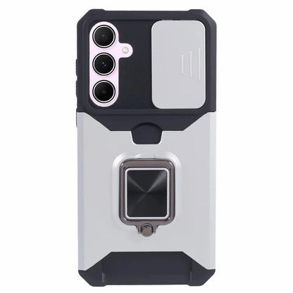 For Samsung Galaxy A55 5G Case PC+TPU Card Holder Phone Kickstand Cover with Slide Lens Lid