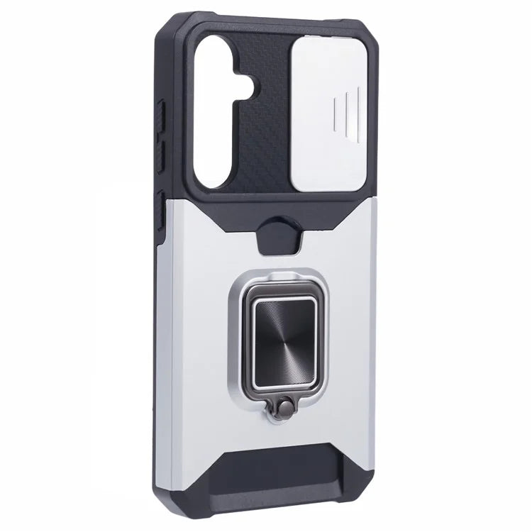 For Samsung Galaxy A55 5G Case PC+TPU Card Holder Phone Kickstand Cover with Slide Lens Lid