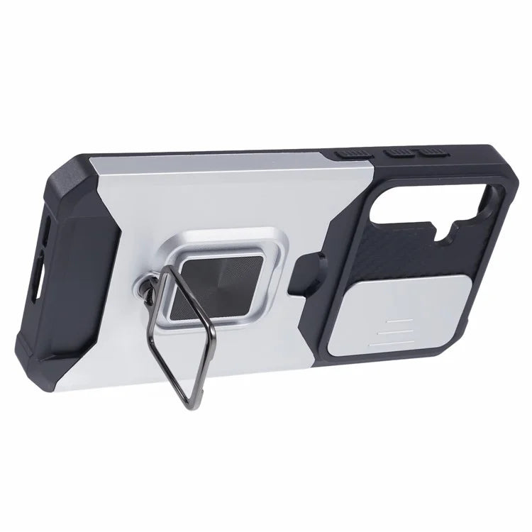 For Samsung Galaxy A55 5G Case PC+TPU Card Holder Phone Kickstand Cover with Slide Lens Lid