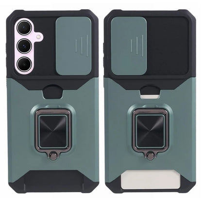For Samsung Galaxy A55 5G Case PC+TPU Card Holder Phone Kickstand Cover with Slide Lens Lidish Green