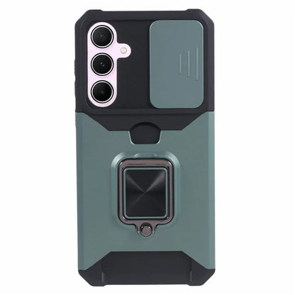 For Samsung Galaxy A55 5G Case PC+TPU Card Holder Phone Kickstand Cover with Slide Lens Lidish Green