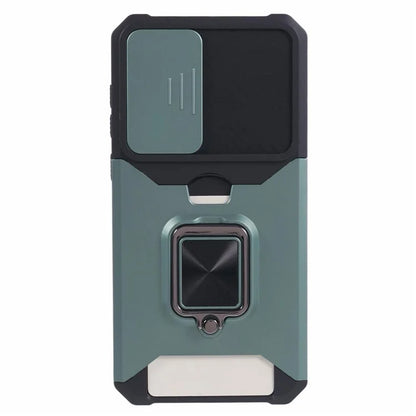For Samsung Galaxy A55 5G Case PC+TPU Card Holder Phone Kickstand Cover with Slide Lens Lidish Green