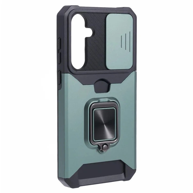 For Samsung Galaxy A55 5G Case PC+TPU Card Holder Phone Kickstand Cover with Slide Lens Lidish Green