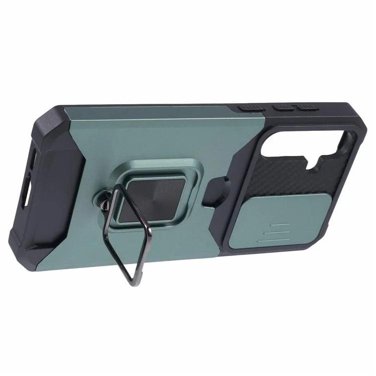 For Samsung Galaxy A55 5G Case PC+TPU Card Holder Phone Kickstand Cover with Slide Lens Lidish Green