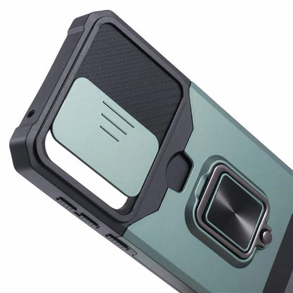 For Samsung Galaxy A55 5G Case PC+TPU Card Holder Phone Kickstand Cover with Slide Lens Lidish Green