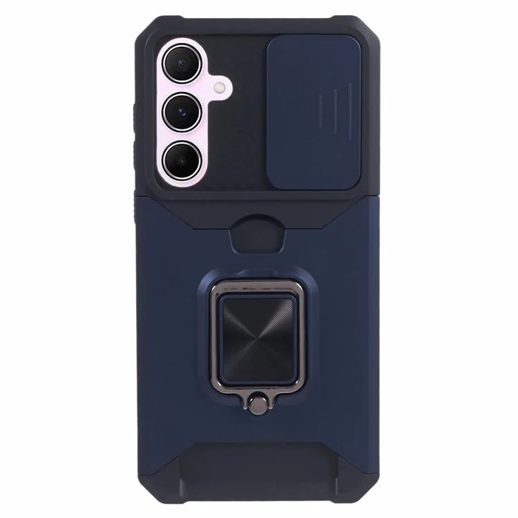 For Samsung Galaxy A55 5G Case PC+TPU Card Holder Phone Kickstand Cover with Slide Lens Lid