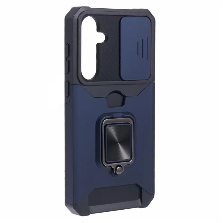 For Samsung Galaxy A55 5G Case PC+TPU Card Holder Phone Kickstand Cover with Slide Lens Lid