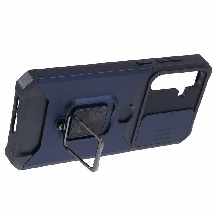 For Samsung Galaxy A55 5G Case PC+TPU Card Holder Phone Kickstand Cover with Slide Lens Lid