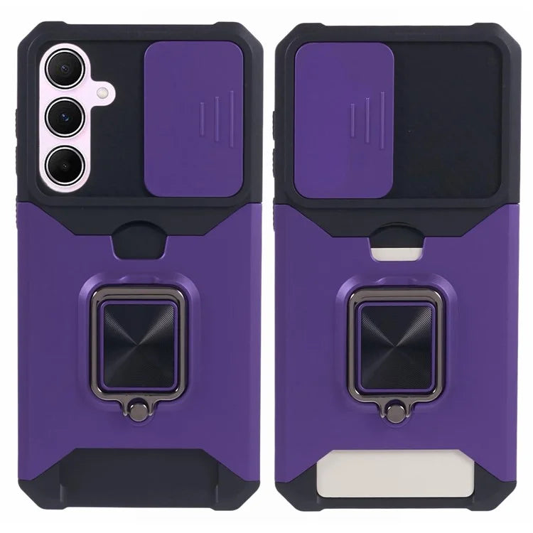 For Samsung Galaxy A55 5G Case PC+TPU Card Holder Phone Kickstand Cover with Slide Lens Lid