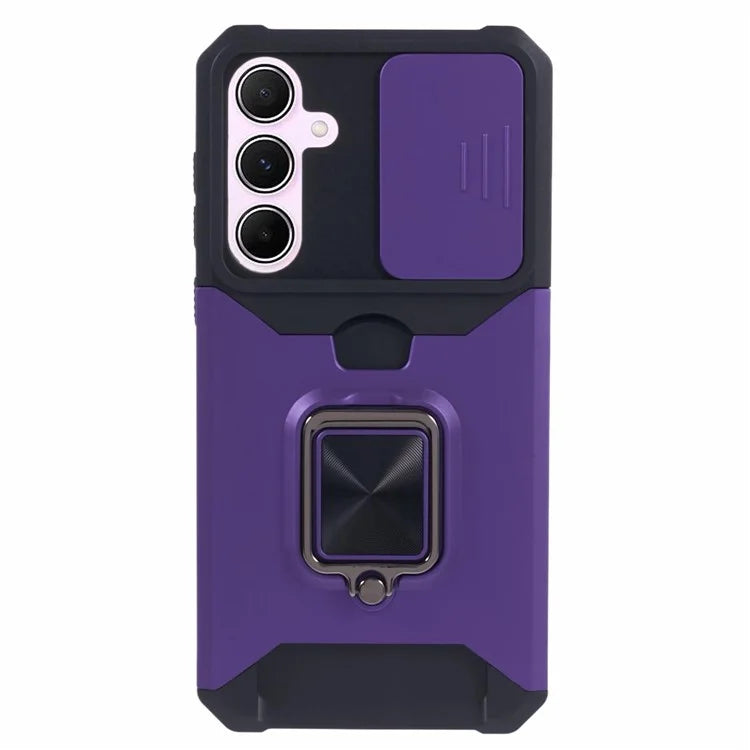 For Samsung Galaxy A55 5G Case PC+TPU Card Holder Phone Kickstand Cover with Slide Lens Lid