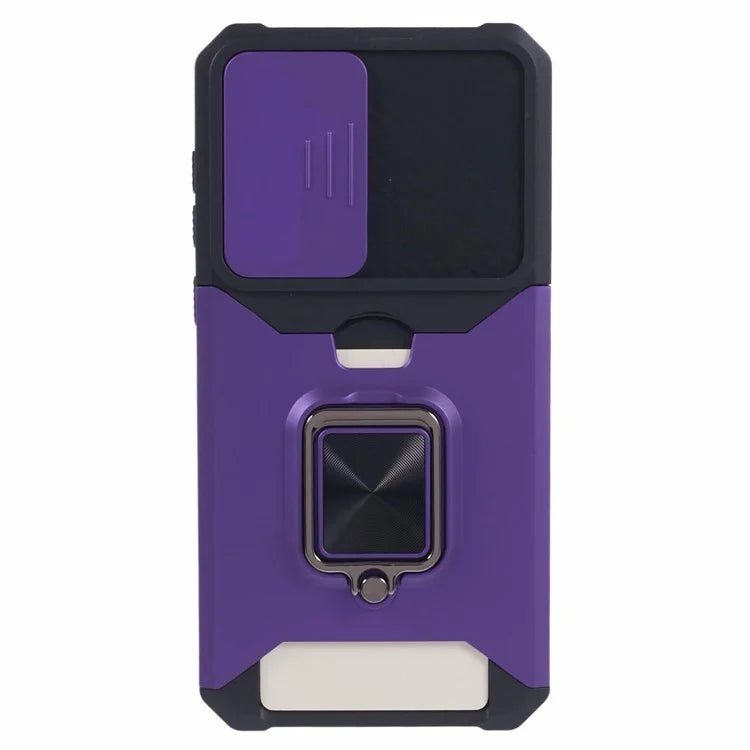 For Samsung Galaxy A55 5G Case PC+TPU Card Holder Phone Kickstand Cover with Slide Lens Lid