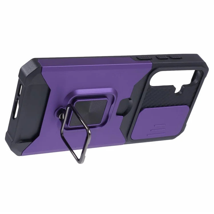 For Samsung Galaxy A55 5G Case PC+TPU Card Holder Phone Kickstand Cover with Slide Lens Lid