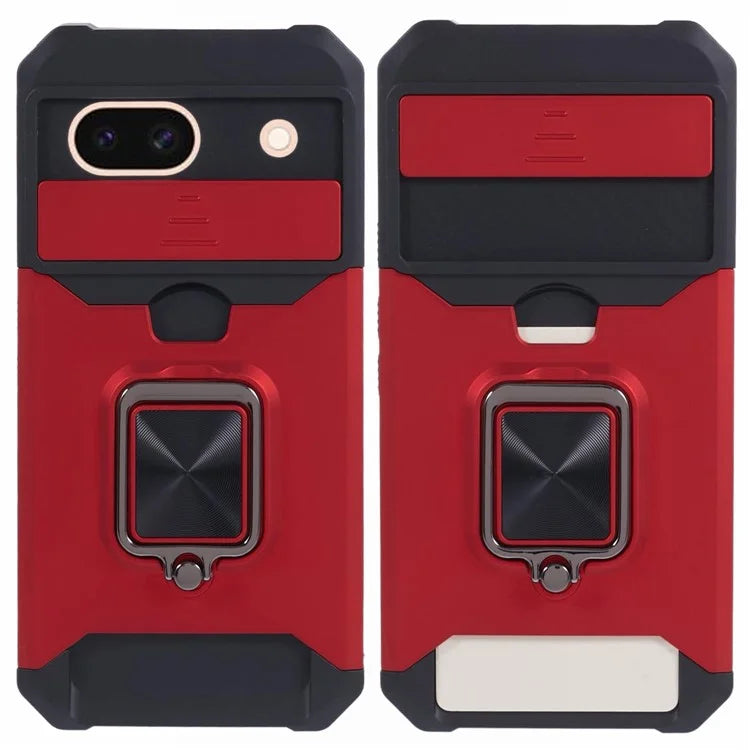 For Google Pixel 8a Cover Camera Slide Lid Card Holder Cell Phone Case with Ring Kickstand