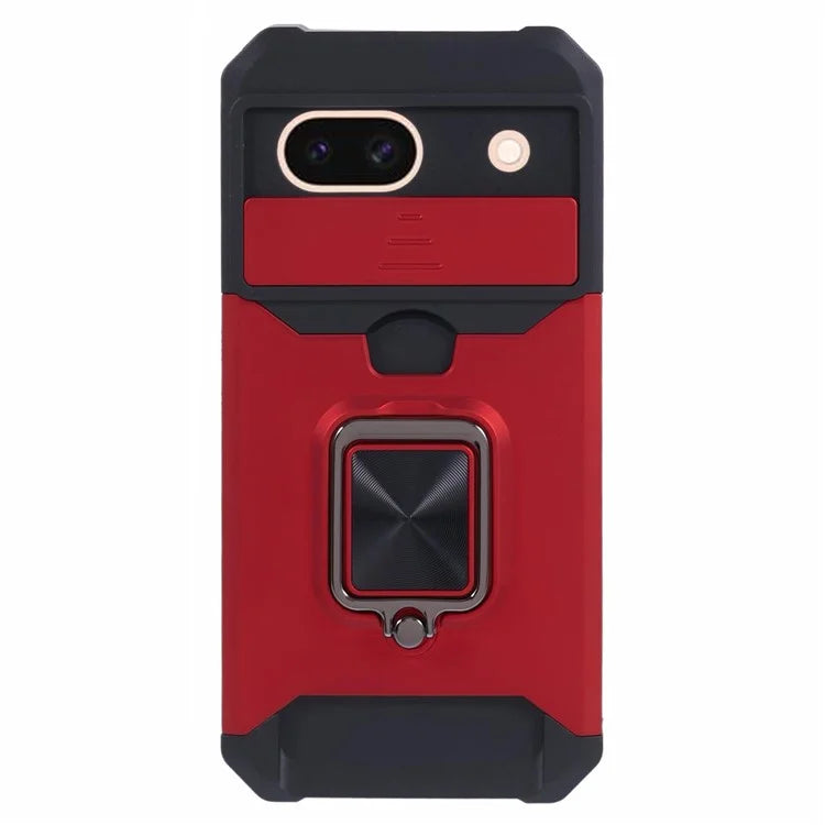 For Google Pixel 8a Cover Camera Slide Lid Card Holder Cell Phone Case with Ring Kickstand
