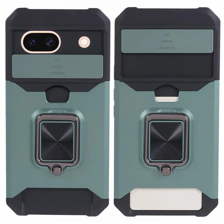 For Google Pixel 8a Cover Camera Slide Lid Card Holder Cell Phone Case with Ring Kickstand