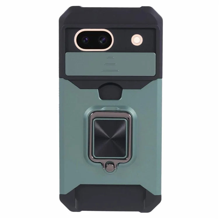 For Google Pixel 8a Cover Camera Slide Lid Card Holder Cell Phone Case with Ring Kickstand