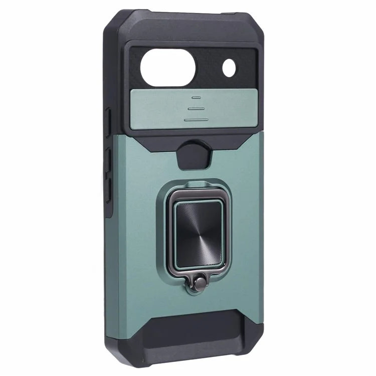 For Google Pixel 8a Cover Camera Slide Lid Card Holder Cell Phone Case with Ring Kickstand