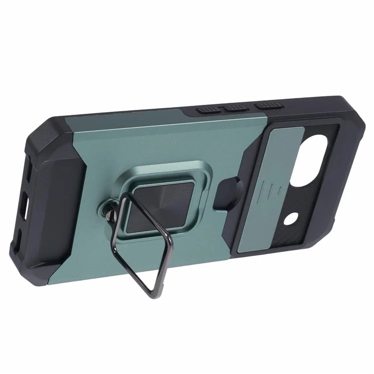 For Google Pixel 8a Cover Camera Slide Lid Card Holder Cell Phone Case with Ring Kickstand