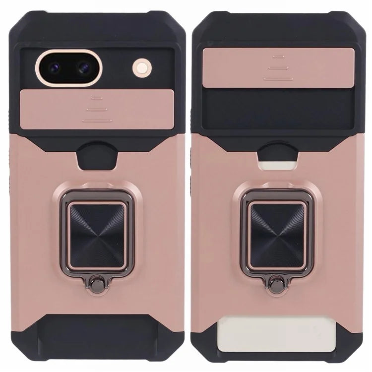 For Google Pixel 8a Cover Camera Slide Lid Card Holder Cell Phone Case with Ring Kickstand