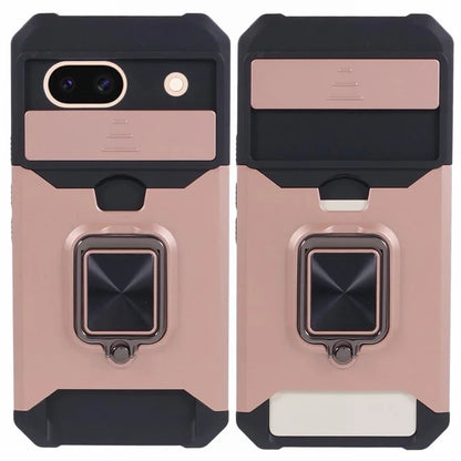 For Google Pixel 8a Cover Camera Slide Lid Card Holder Cell Phone Case with Ring Kickstand