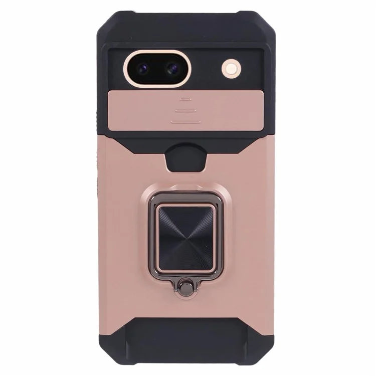 For Google Pixel 8a Cover Camera Slide Lid Card Holder Cell Phone Case with Ring Kickstand