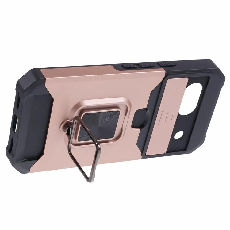 For Google Pixel 8a Cover Camera Slide Lid Card Holder Cell Phone Case with Ring Kickstand