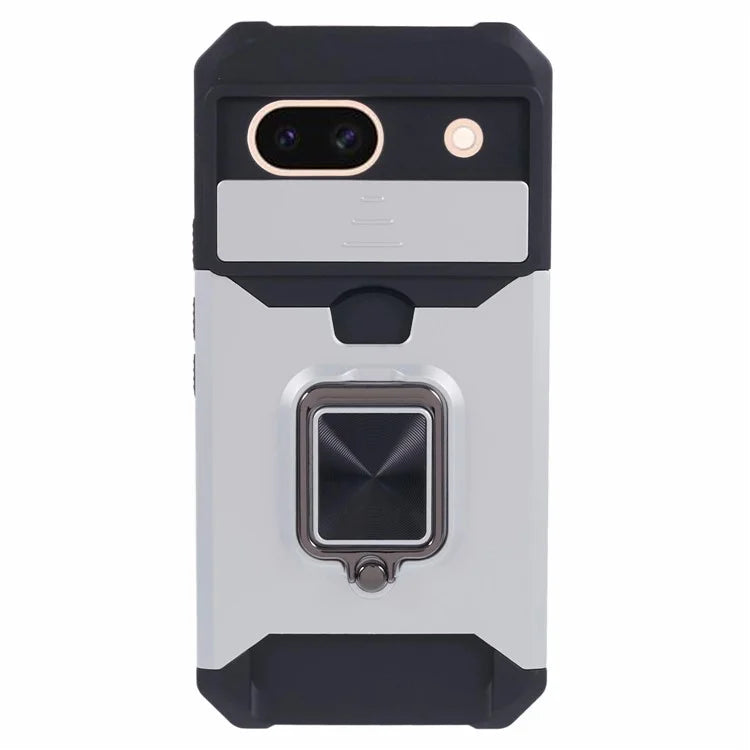 For Google Pixel 8a Cover Camera Slide Lid Card Holder Cell Phone Case with Ring Kickstand
