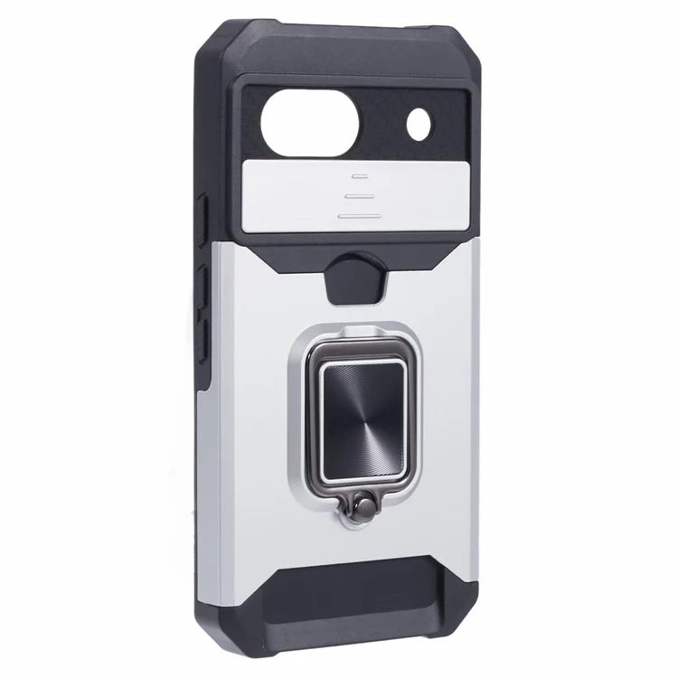 For Google Pixel 8a Cover Camera Slide Lid Card Holder Cell Phone Case with Ring Kickstand