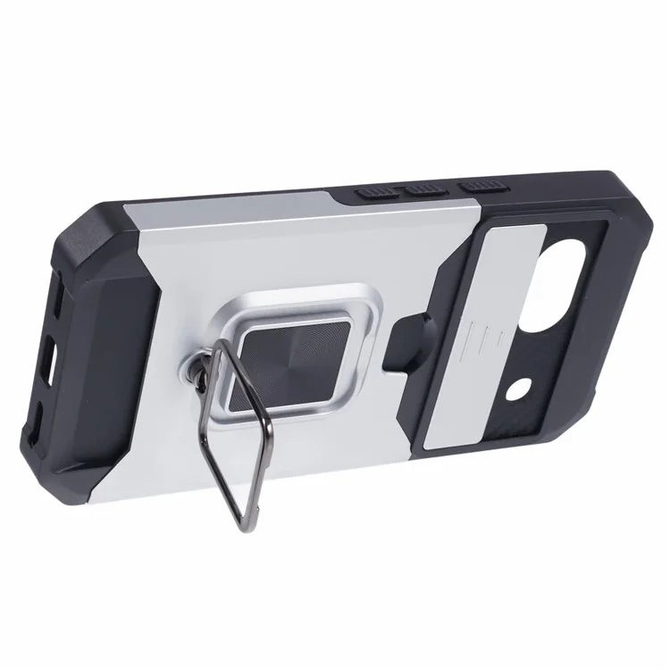 For Google Pixel 8a Cover Camera Slide Lid Card Holder Cell Phone Case with Ring Kickstand