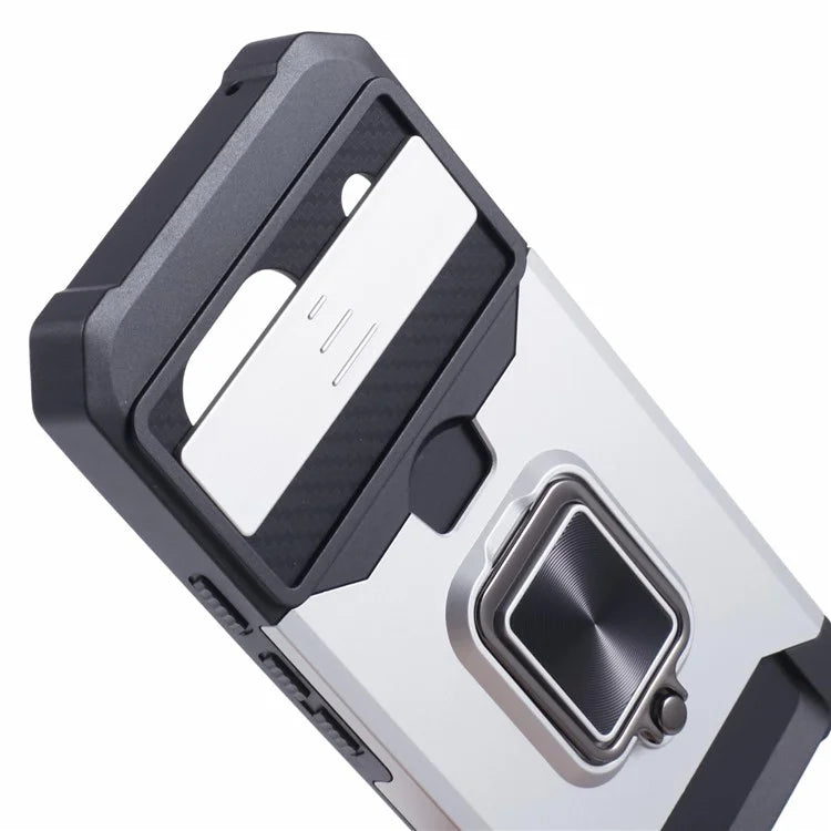 For Google Pixel 8a Cover Camera Slide Lid Card Holder Cell Phone Case with Ring Kickstand