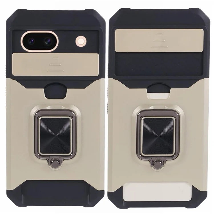 For Google Pixel 8a Cover Camera Slide Lid Card Holder Cell Phone Case with Ring Kickstand