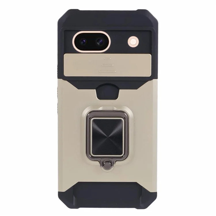 For Google Pixel 8a Cover Camera Slide Lid Card Holder Cell Phone Case with Ring Kickstand