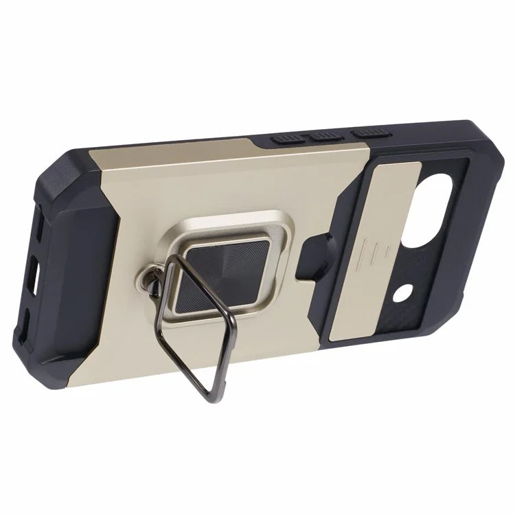 For Google Pixel 8a Cover Camera Slide Lid Card Holder Cell Phone Case with Ring Kickstand