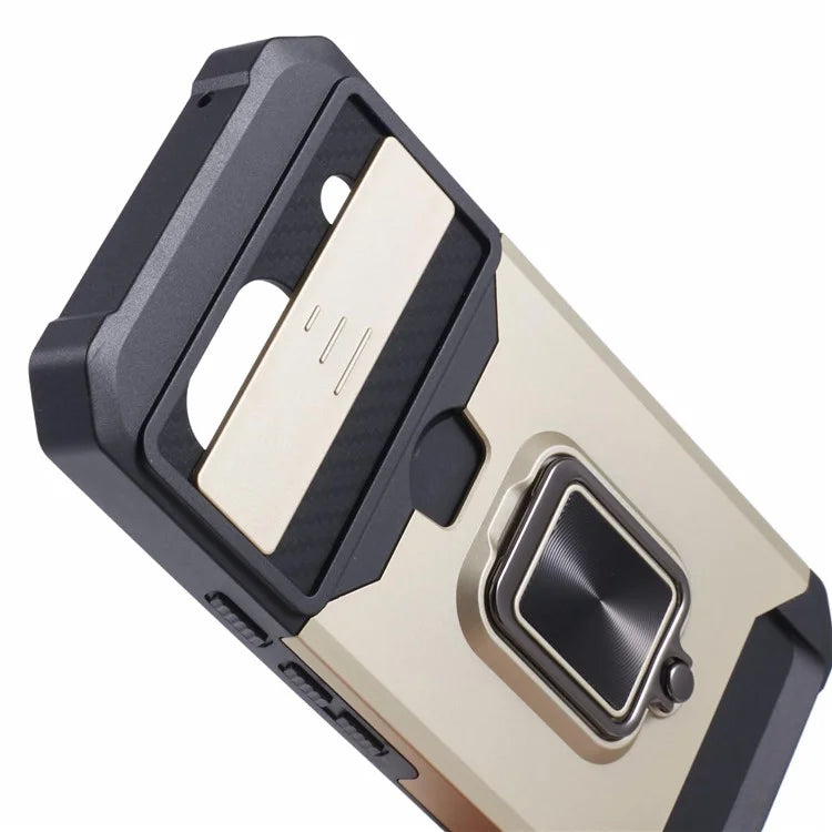 For Google Pixel 8a Cover Camera Slide Lid Card Holder Cell Phone Case with Ring Kickstand