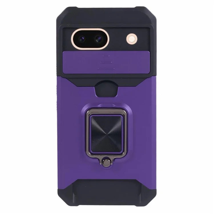 For Google Pixel 8a Cover Camera Slide Lid Card Holder Cell Phone Case with Ring Kickstand