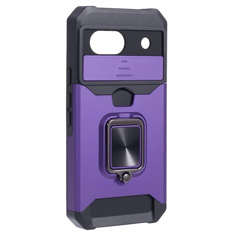 For Google Pixel 8a Cover Camera Slide Lid Card Holder Cell Phone Case with Ring Kickstand