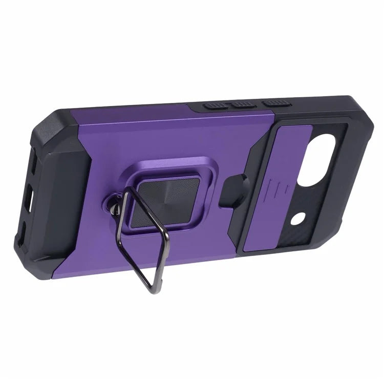 For Google Pixel 8a Cover Camera Slide Lid Card Holder Cell Phone Case with Ring Kickstand