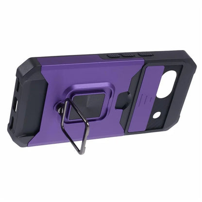 For Google Pixel 8a Cover Camera Slide Lid Card Holder Cell Phone Case with Ring Kickstand