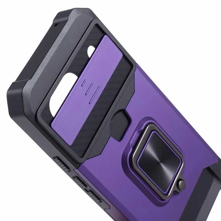For Google Pixel 8a Cover Camera Slide Lid Card Holder Cell Phone Case with Ring Kickstand