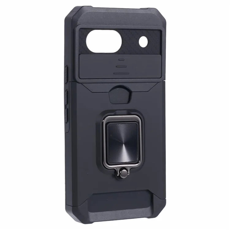For Google Pixel 8a Cover Camera Slide Lid Card Holder Cell Phone Case with Ring Kickstand