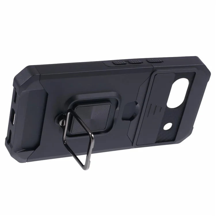 For Google Pixel 8a Cover Camera Slide Lid Card Holder Cell Phone Case with Ring Kickstand