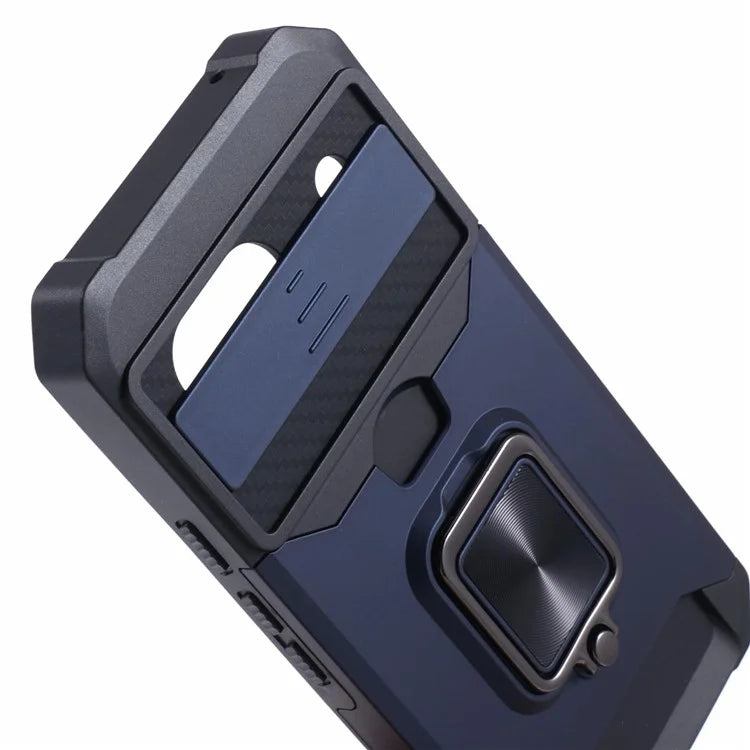 For Google Pixel 8a Cover Camera Slide Lid Card Holder Cell Phone Case with Ring Kickstand